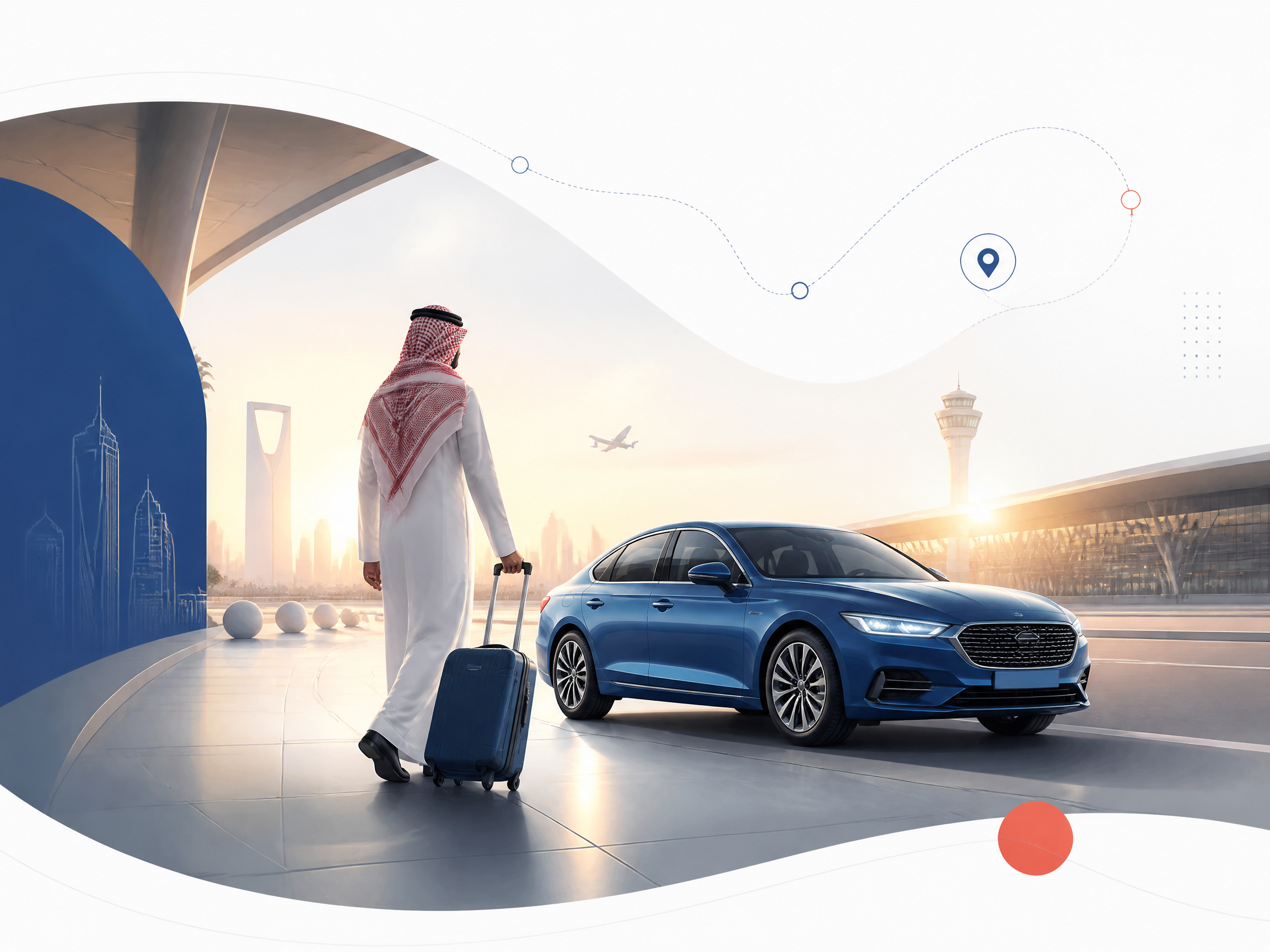 مسافر يتجه إلى سيارة منظمة للانتقال من مطار الرياض